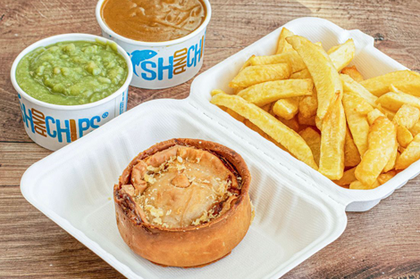  traditional pies with 2 different sauce and chips in a box served at Fish 
Plus Chips Takeaway in Ayr 